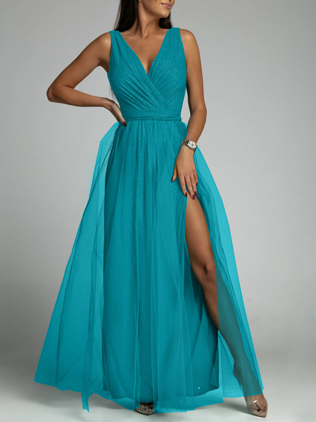 Damen Maxiabendkleid mit verführerischem Schlitz und funkelndem Obermaterial Drune