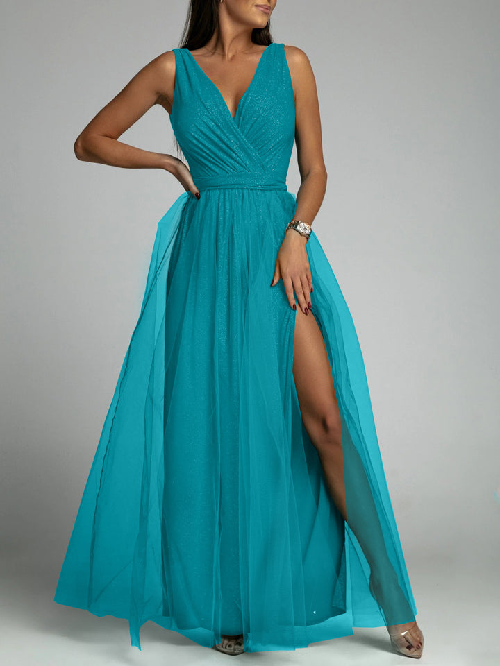 Damen Maxiabendkleid mit verführerischem Schlitz und funkelndem Obermaterial Drune