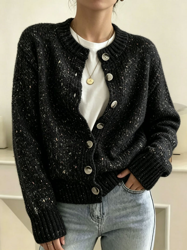 Damen Grobgestrickter Kurzcardigan mit Rundhalsausschnitt und meliertem Tweed-Effekt Drune