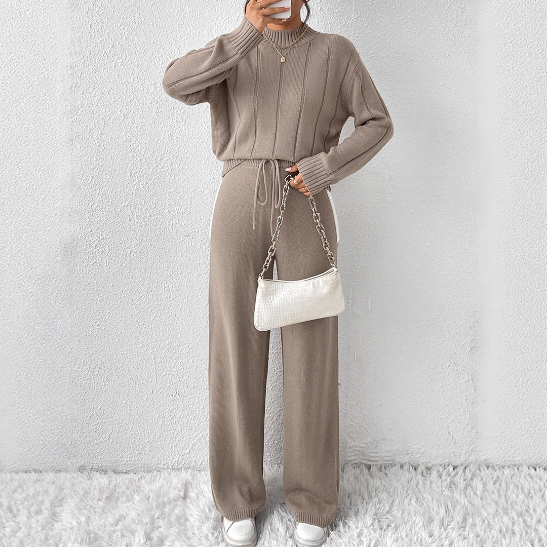 Damen lässiges Strick-Set mit hochabschließendem Pullover und weitem Hosen Drune