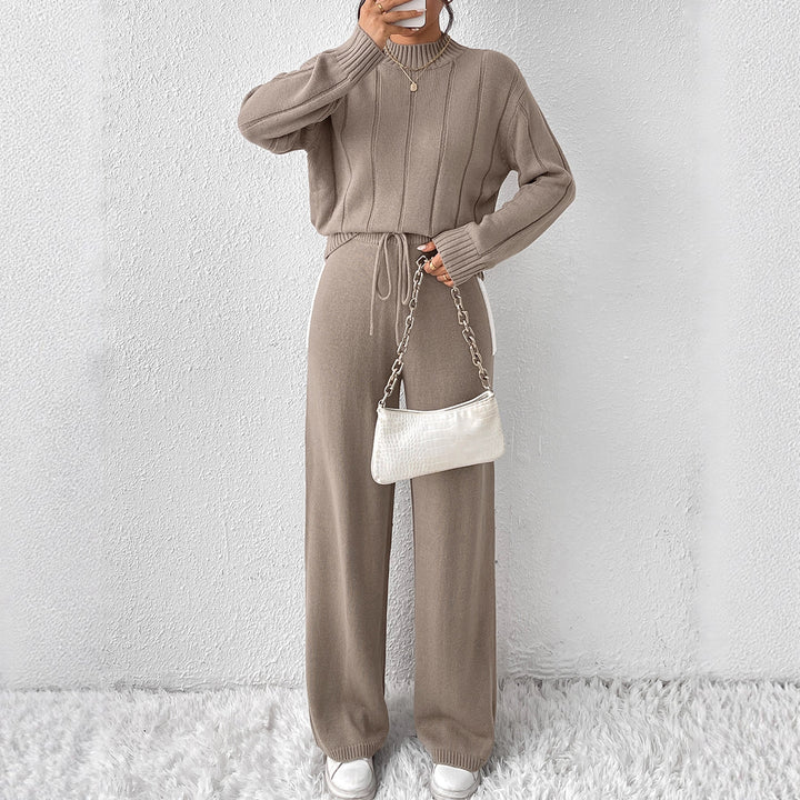 Damen lässiges Strick-Set mit hochabschließendem Pullover und weitem Hosen Drune