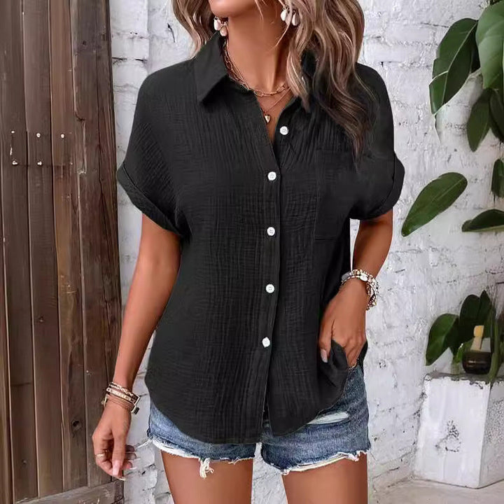 Damen lässige Kurzarm-Hemdbluse aus strukturiertem Stoff Drune