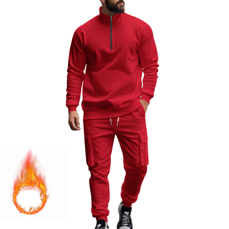 Herren nan Strick-Trainingsset mit halbem Reißverschluss, Zopfmuster-Pulli und Kordelzug-Jogger Drune