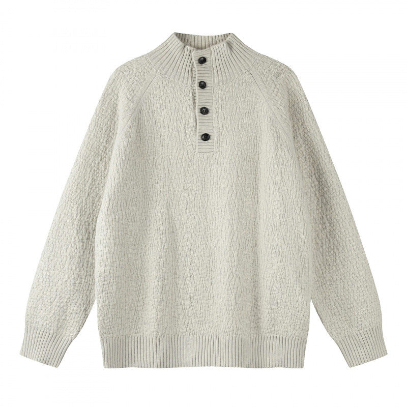 Unisex Strukturierter Halbzip-Strickpullover mit Henley-Knopfleiste und Raglanärmeln Drune