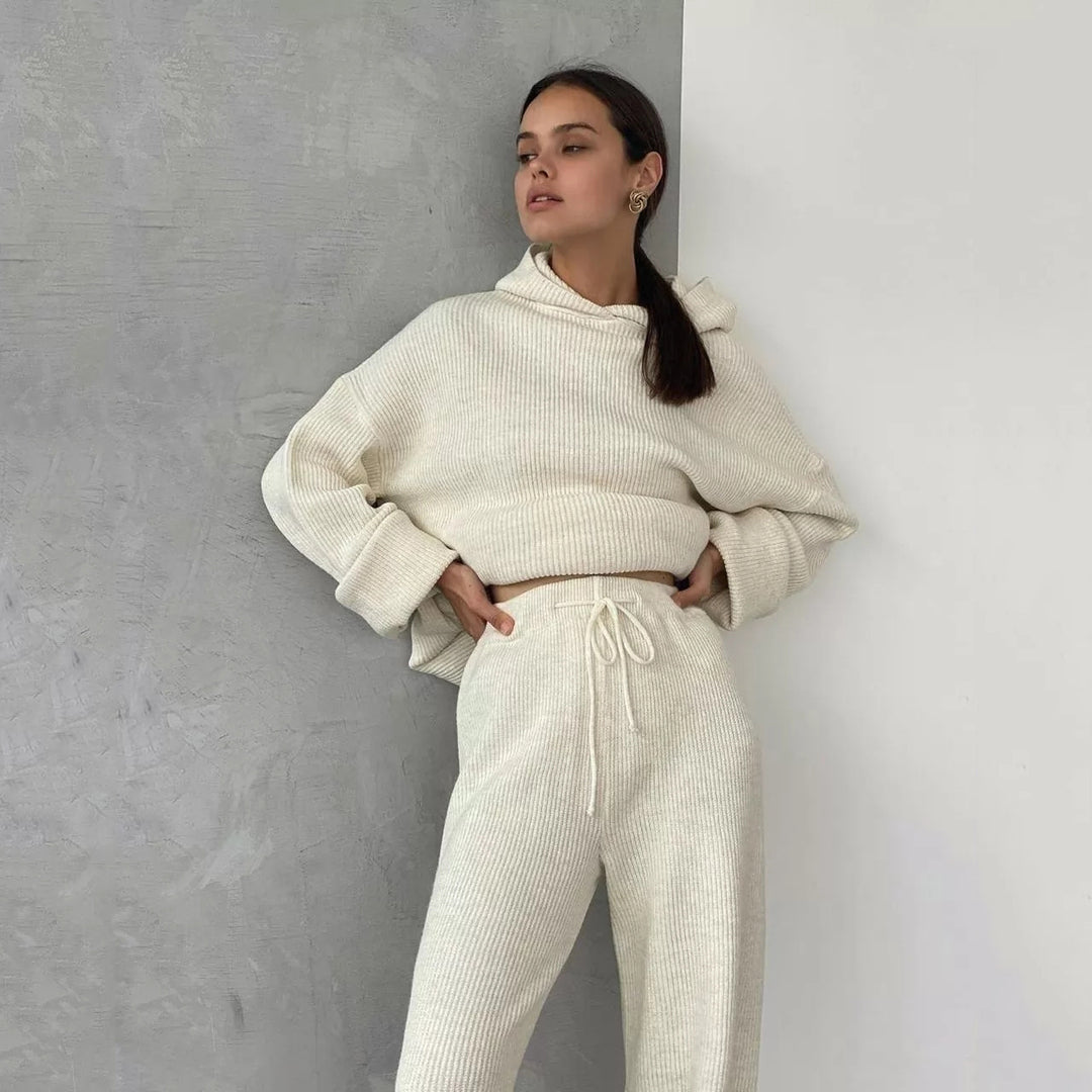 Damen gemütliches Lounge-Set mit Kapuzenpullover, Kängurutasche und weitem Jersey-Hose Drune