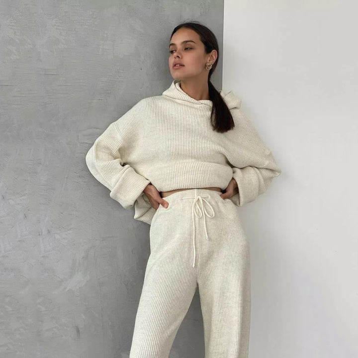 Damen gemütliches Lounge-Set mit Kapuzenpullover, Kängurutasche und weitem Jersey-Hose Drune