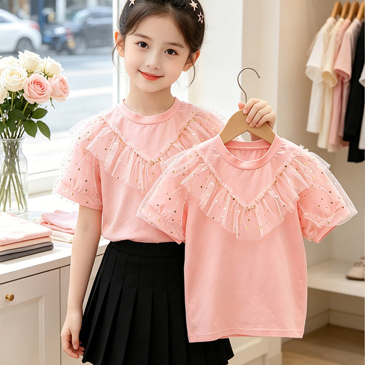 Mädchen T-Shirt mit Rüschendetails und transparenten Puffärmeln Drune