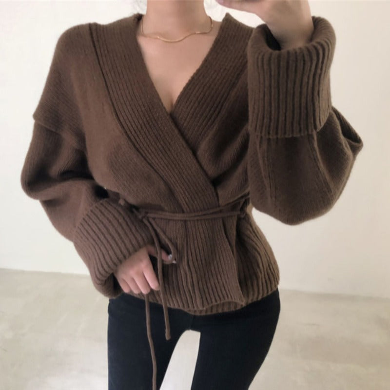 Damen Wickelstrickjacke mit binde Gürtel und hochgezogenem Kragen Drune