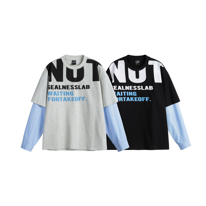 Damen Lagenlook T-Shirt mit eingearbeiteten Hemdärmeln und oversized Print Drune