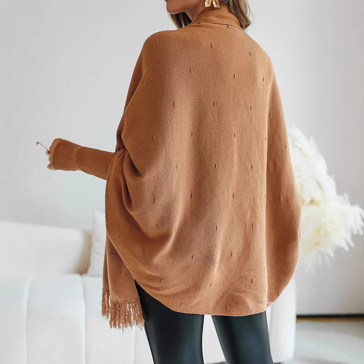 Damen Fransen‑Poncho‑Cardigan mit dekorativem Taillengürtel und Rippbündchen Drune