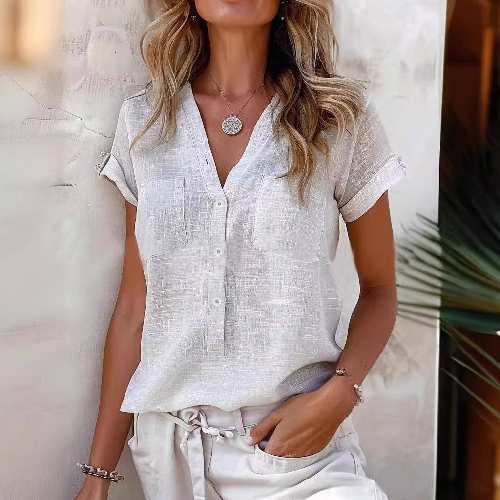 Damen Kurzarm Leinenbluse mit Knopfdetails Drune