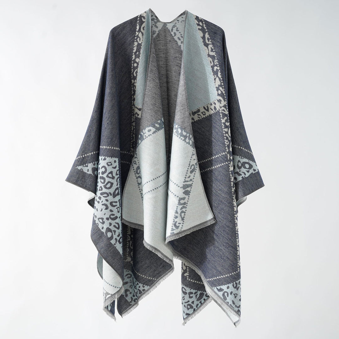 Damen Großer Double-Face Jacquard-Umhang mit Animal-Patch und feinem Fransensaum Drune