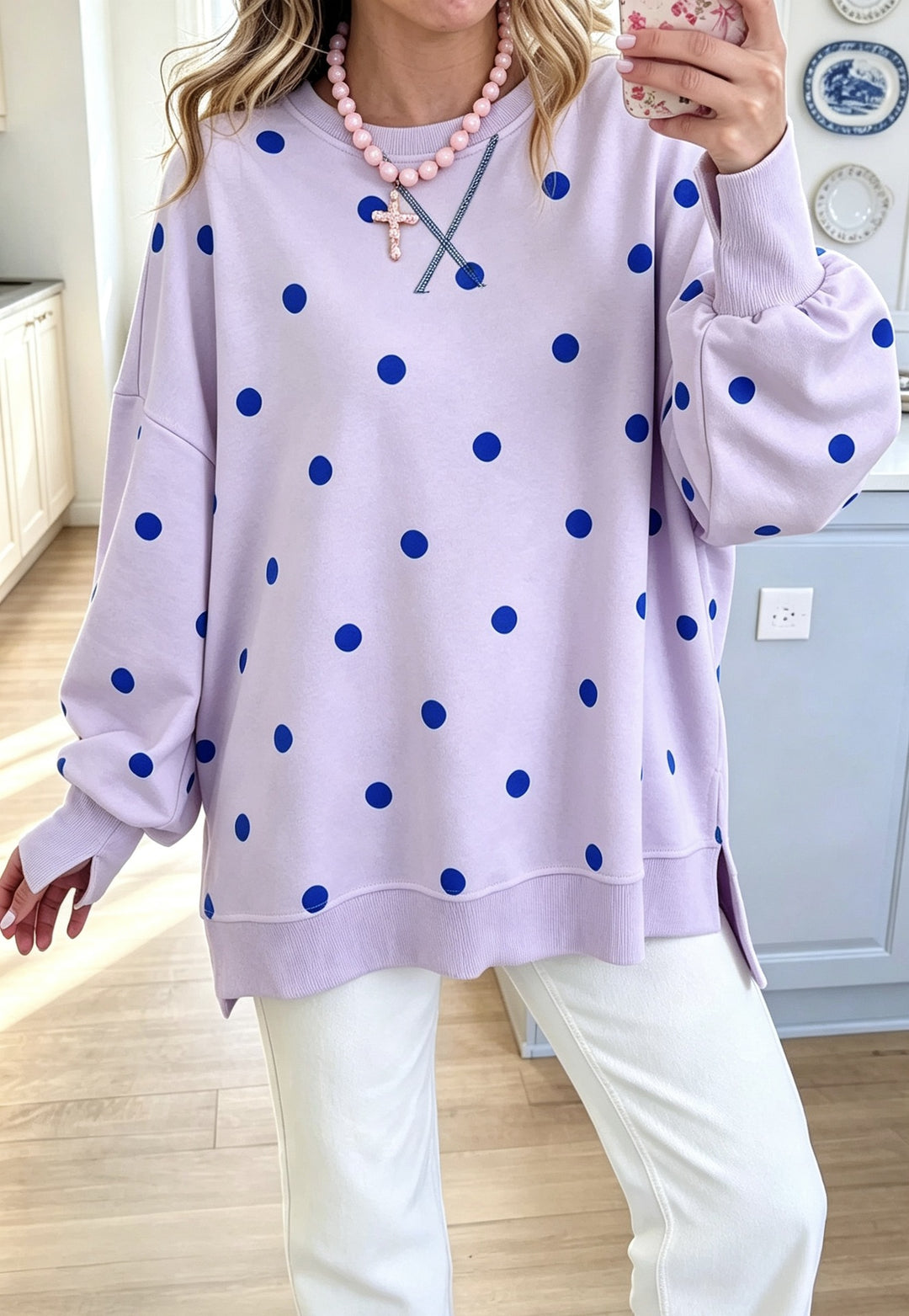 Damen Oversize-Sweatshirt mit Puffärmeln, Polka-Dots und Seitenschlitzen Drune