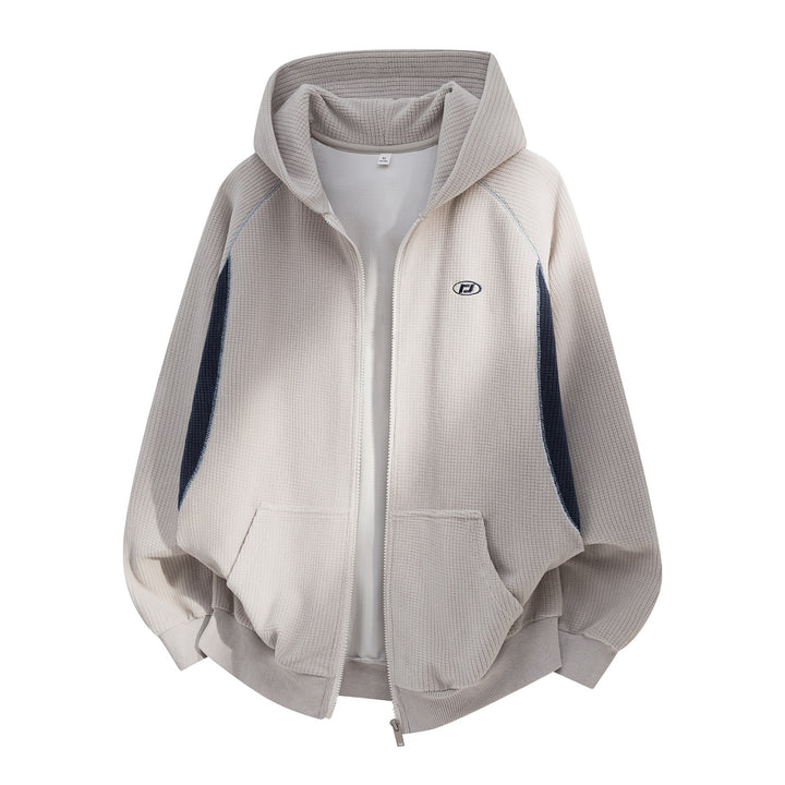 Unisex Oversize Waffelstrick-Kapuzenjacke mit durchgehendem Reißverschluss und Kängurutaschen Drune