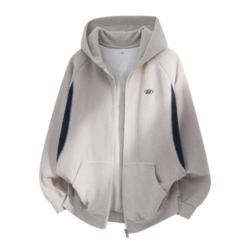 Unisex Oversize Waffelstrick-Kapuzenjacke mit durchgehendem Reißverschluss und Kängurutaschen Drune
