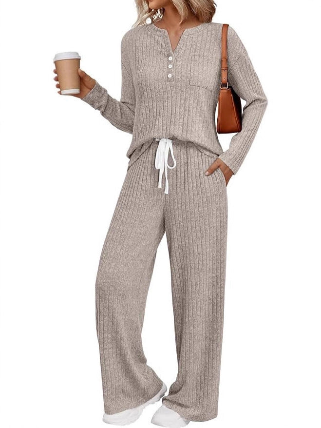 Damen Rippstrick-Lounge-Set mit Knopfleiste und weitem Kordelbund-Hose Drune