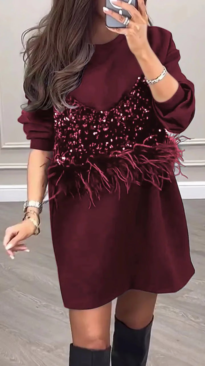 Damen nan Sweat-Minikleid mit Pailletten-Bustier und Federbesatz Drune