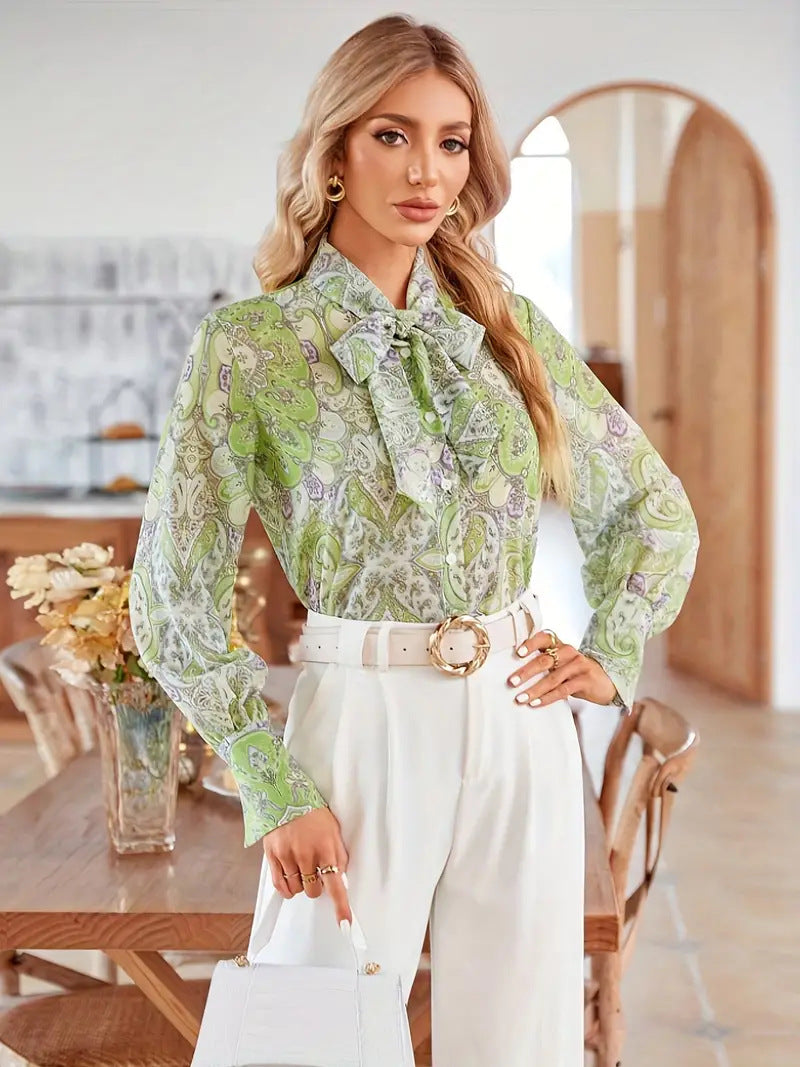 Damen Bluse mit Schleifenkragen und floralem Muster Drune