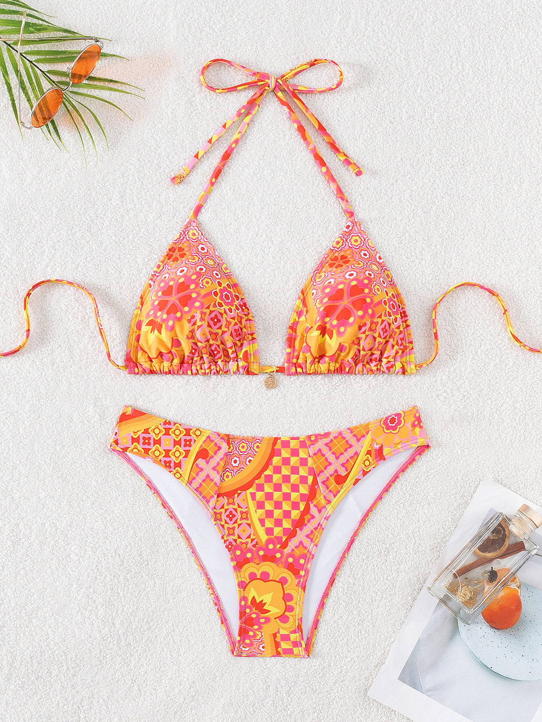 Damen Triangel-Bikini mit einzigartigem Mosaik-Muster und verstellbaren Bindebändern Drune