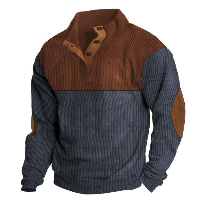 Herren nan grober Rippstrick-Pullover mit Stehkragen, Knopfleiste und markanten Ellenbogenpatches Drune