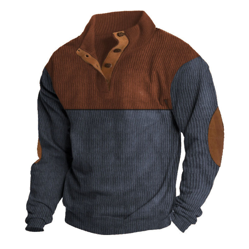Herren nan rustikaler gerippter Pullover mit Henley-Kragen und lederartigen Ellbogenbesätzen Drune
