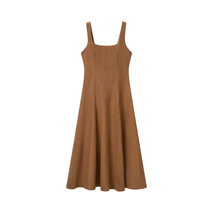 Damen A-Linien Midikleid aus Wildlederoptik mit eckigem Ausschnitt und Prinzessnähten Drune