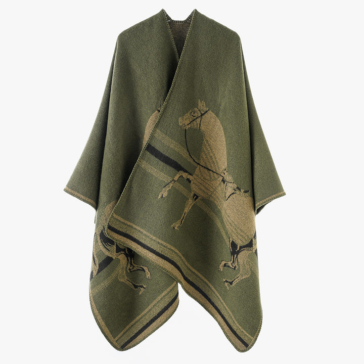 Damen Jacquard‑Poncho mit Pferdemotiv und weichem Wollmix Drune