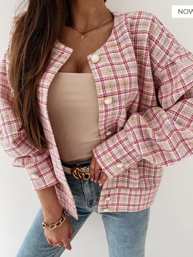 Damen Modischer Karostrickjacke mit einzigartigem Knopfverschluss Drune