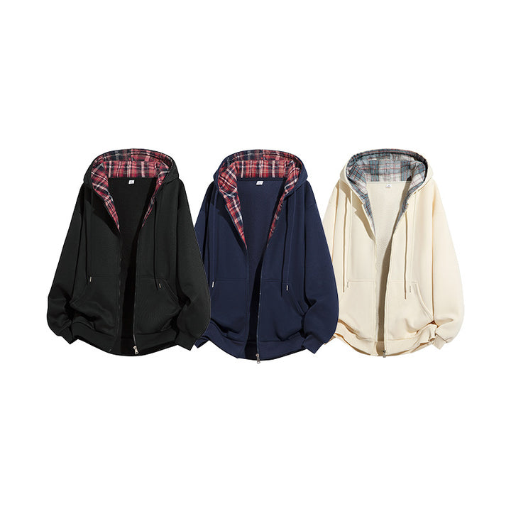 Herren Kapuzenjacke mit Teddy‑Fleece‑Futter und kariertem Kapuzeninnenfutter, durchgehendem Reißverschluss Drune