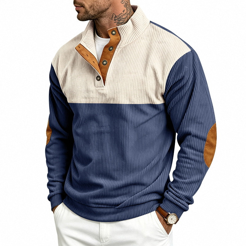 Herren Strukturierter Troyer-Pullover mit Stehkragen, Druckknopfleiste und Ellbogen‑Patches Drune