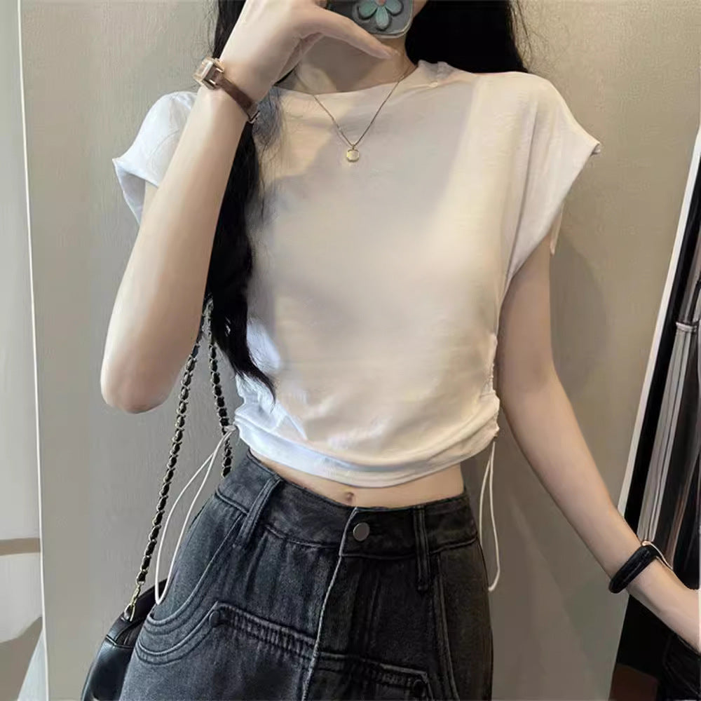 Damen Cropped T-Shirt mit verstellbarem Kordelzug und modischen Puffärmeln