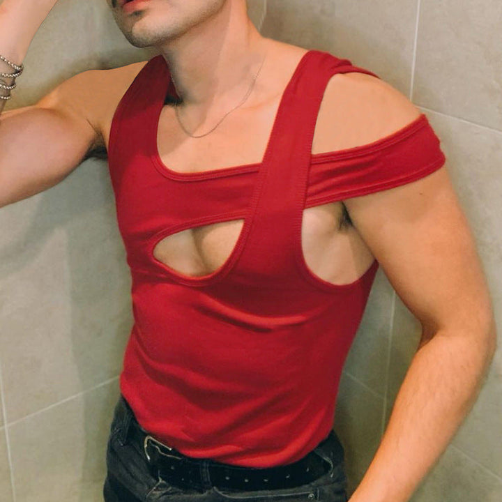 Herren nan asymmetrisches ärmelloses Tanktop mit ausgeschnittenem Einsatz aus Baumwoll-Elasthan Drune