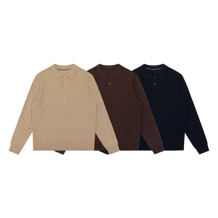 Unisex Gerippter Polokragen-Pullover aus Feinstrick mit Knopfleiste Drune