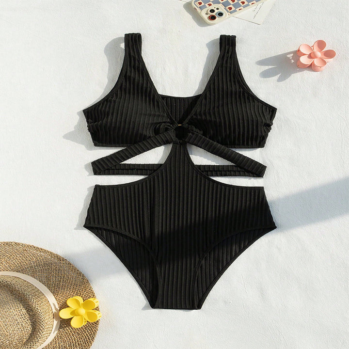 Damen Einteiler Badeanzug mit kreativen Cut-Out-Design und trendigem Rippmuster Drune