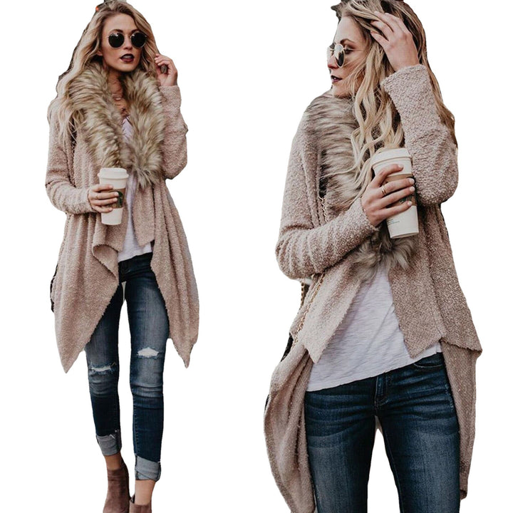 Damen Fluffy Strickcardigan mit abnehmbarem Kunstfellkragen Drune