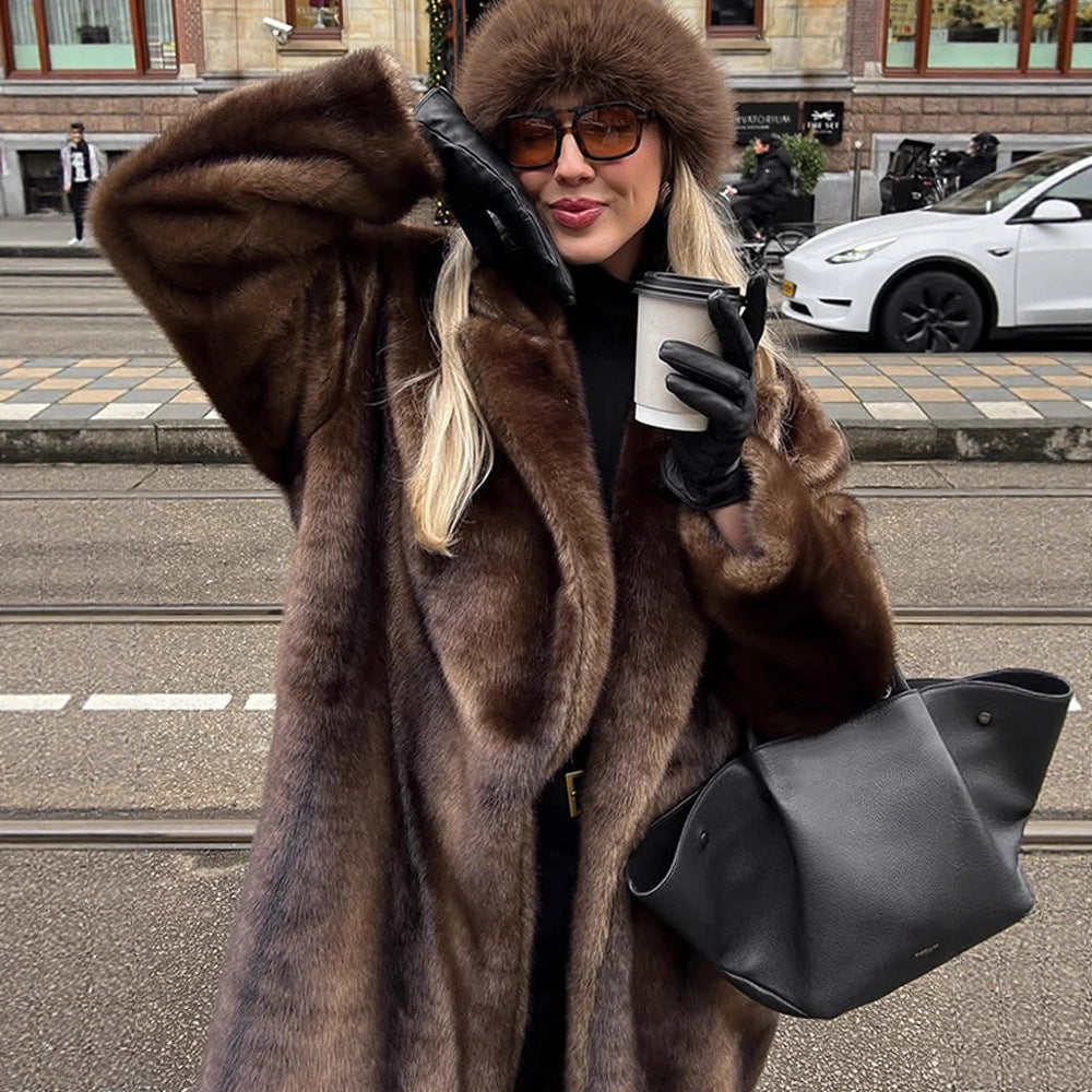 Damen Luxuriöser langer Kunstpelz-Mantel mit Oversize-Schnitt und wärmender Fütterung Drune