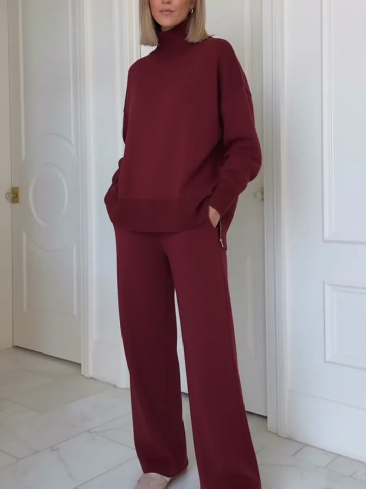 Damen Bequemes Strick-Loungewear-Set mit hochgeschlossenem Pullover und weit geschnittenen Hosen Drune
