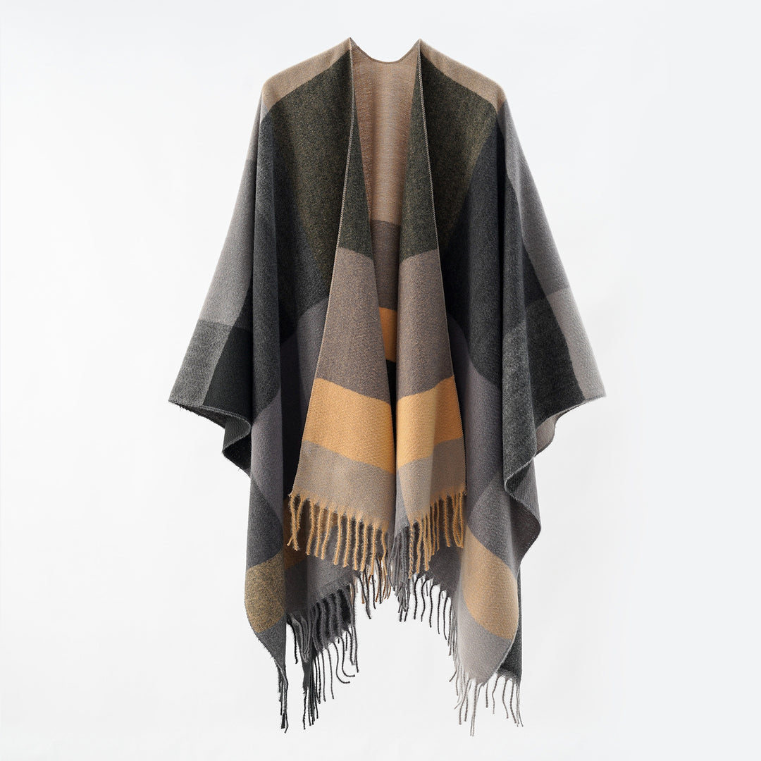 Damen Weiches Oversize-Cape aus Wollmischung mit großem Blockmuster und Fransensaum Drune