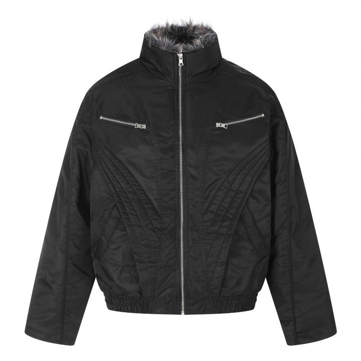 Herren Kurzjacke im Retro-Pufferstil mit hochschließendem Kunstfellkragen und dekorativer Wellensteppung Drune