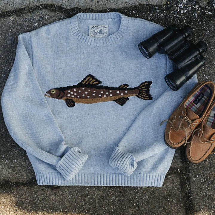 Damen Oversize Strickpullover mit Fisch-Jacquard, Halbkragen und Rippenbündchen Drune