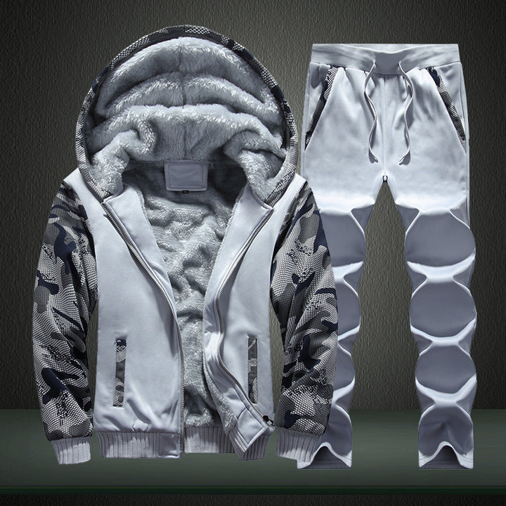 Herren Fleecegefüttertes Freizeit-Trainingsanzug-Set mit Kapuzenjacke und Camouflage-Ärmeln Drune