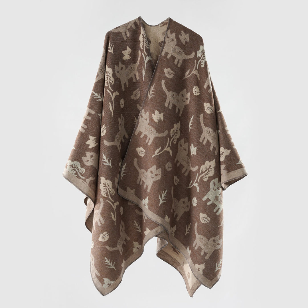 Damen Oversized Ruana im Jacquard mit Katzen- & Blumenmotiv Drune