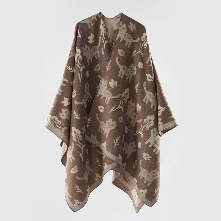 Damen Oversized Ruana im Jacquard mit Katzen- & Blumenmotiv Drune