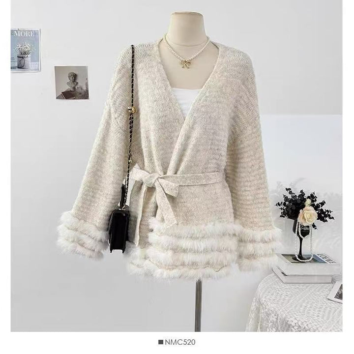 Damen Flauschiger Cardigan mit Kunstfellkragen Drune