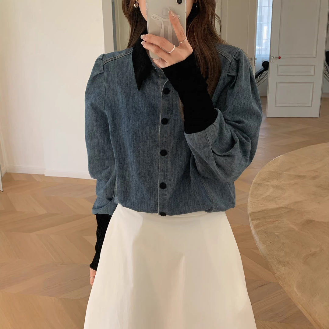 Damen Denimbluse mit Elegantem Kragen Drune
