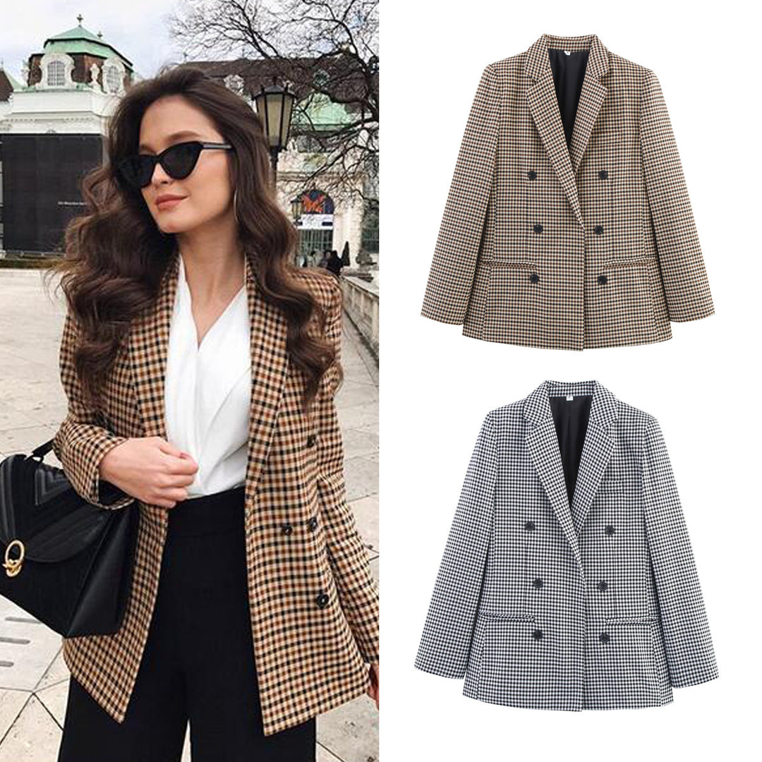Damen Doppelreihiger Wollmix-Blazer im Glencheck/Hahnentritt mit leicht boxy Schnitt Drune