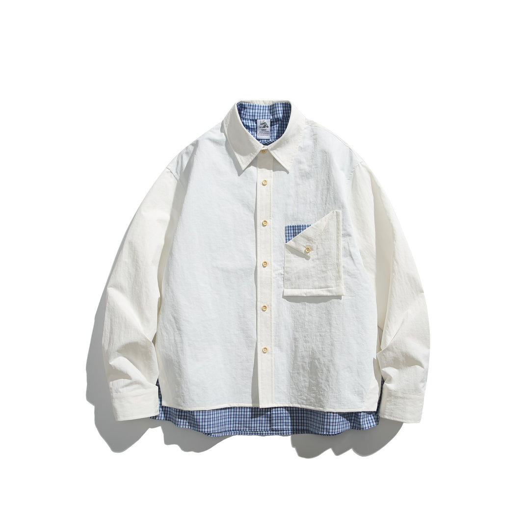 Herren Boxy-Overshirt im Layer-Look mit kariertem Innenfutter, Brusttasche und Holzknöpfen Drune