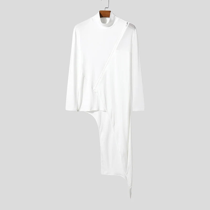 Damen nan avantgardistisches Longshirt mit schrägem Reißverschluss, Stehkragen und unregelmäßigem Zipfelsaum Drune