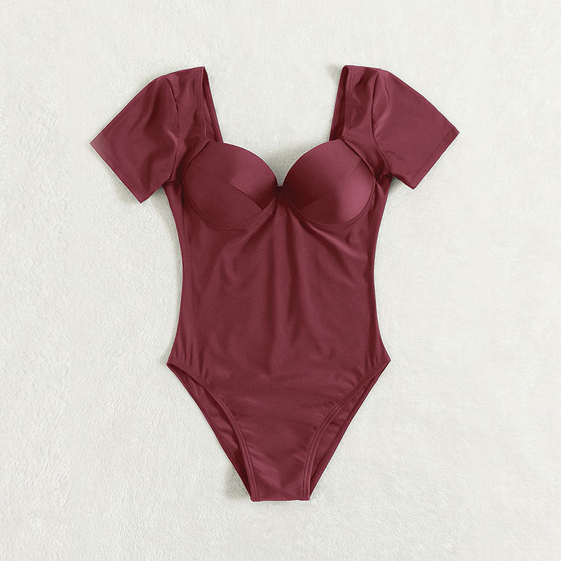 Damen Einteiler Badeanzug mit eleganten Kurzärmel und tiefem V-Ausschnitt Drune