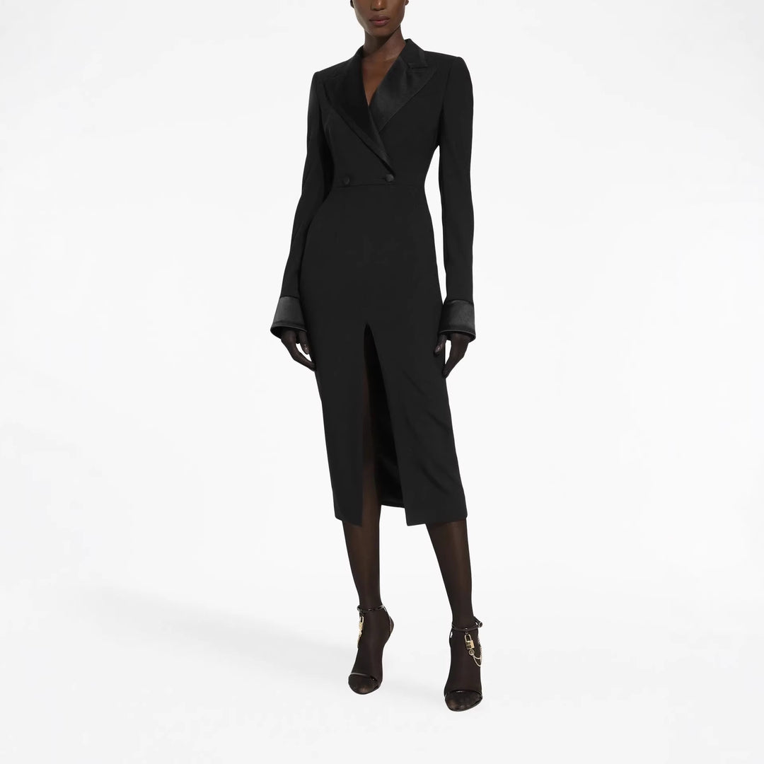 Damen Tailliertes Blazerkleid im Longcut mit Satinrevers und Frontschlitz Drune